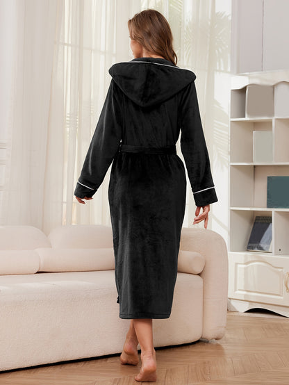 Elegant Solid Fleece Thickened Night Robe For Fall & Winter, Long Sleeve Hooded Robe With Pockets, Women's Sleepwear & Dresses