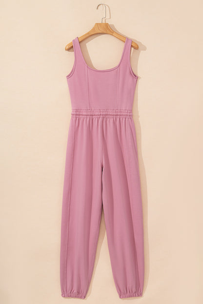 Light Pink Lace-up Elastic Waist Sleeveless Square Neck Jumpsuit