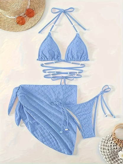 3-Piece Womens Chic Plain Textured Bikini Set - Flattering Halter Top, Adjustable Tie-Side Bottoms, Stylish Wrap Skirt for Beach & Pool Fashion