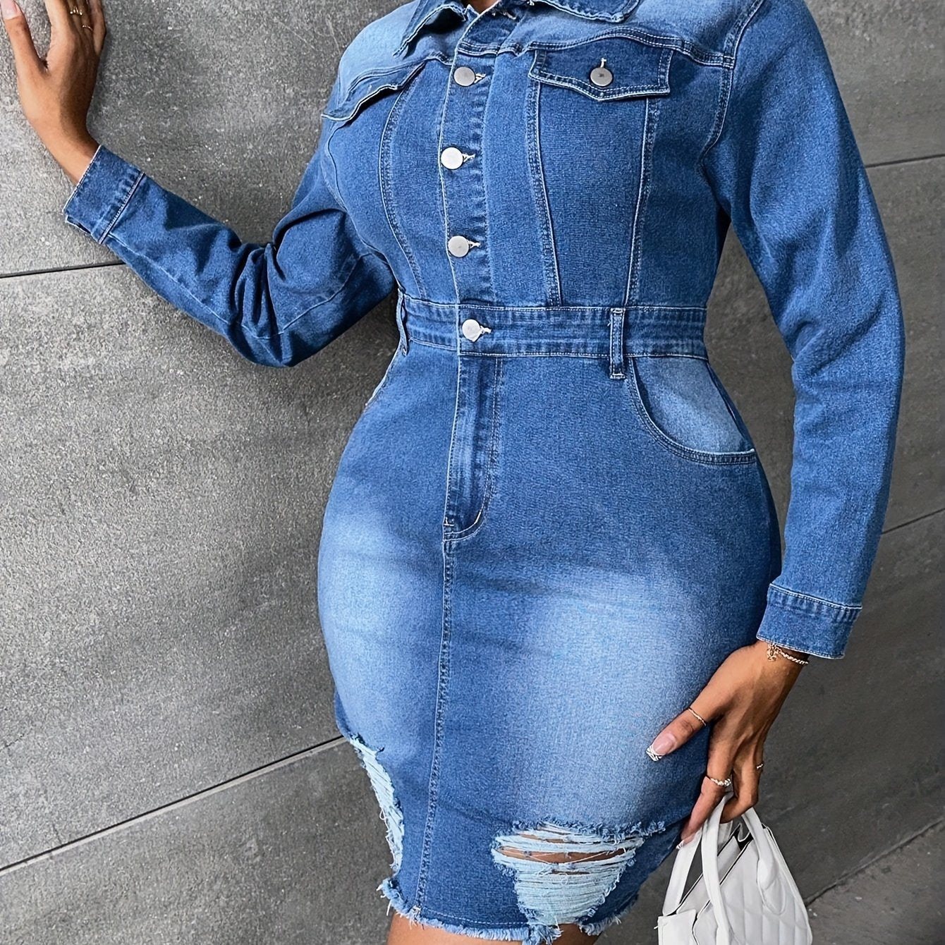 Womens Fashion-Forward Ripped Denim Jacket Dress - Trendy Long Sleeve with Raw Hem, Chic Button Up, Elegant Casual Outerwear for All Seasons