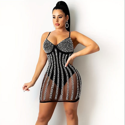 VNOVA Women'S Sexy Halter Neck See-Through Slim Dress with Rhinestone Embellishments - Lightweight Summer Evening Party Dress for Club Birthdays & Special Occasions, Sexy Party Dress, Evening Wear, Elegant Silhouette, Sleek F