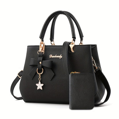 Chic Bow Decor Crossbody Bag for Women - Versatile Top Handle Satchel with Coin Purse, Adjustable Strap, and Zip Closure - Available in Khaki, Dark Pink, Light Blue, Black - Synthetic Material with Acrylic Lining, Cute Handba