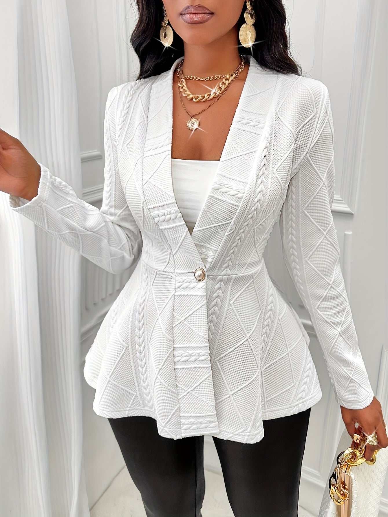 Textured Beaded Button V-neck Jacket, Elegant Long Sleeve Ruffle Hem Outwear For Spring & Fall, Women's Clothing