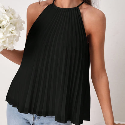 Elegant Solid Color Polyester Halter Neck Pleated Blouse - Sleeveless Loose Fit Regular Length Top for Spring & Summer - Womens Casual Pajama Top with Pullover Design