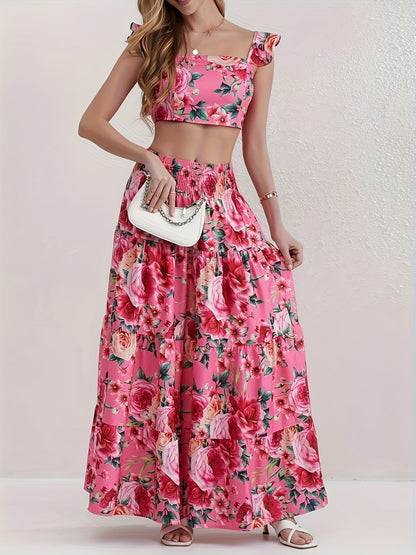 Vacation Style Floral Print Two-piece Set, Ruffle Trim Crop Top & High Waist Swing Skirt Outfits, Women's Clothing