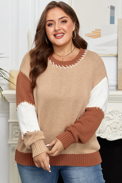 Light French Beige Contrast Stitch Detail Color Block Knitted Plus Size Sweater