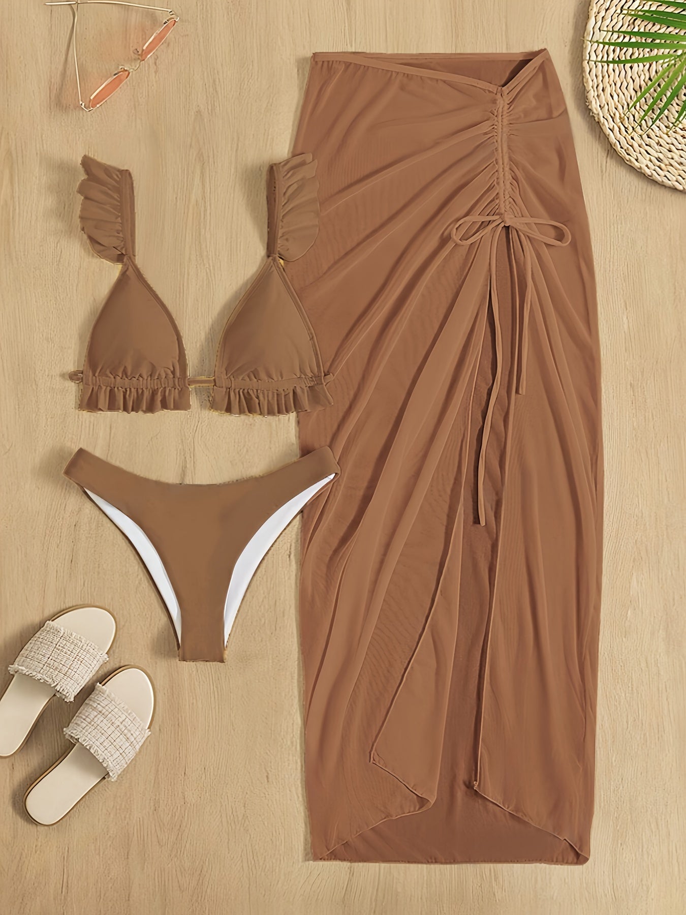 3 Piece Set Bikini, Plain Swimsuits, Ruched Tie Back Bra And Bottom, Cover Up Bow Skirt, Women's Swimwear & Clothing