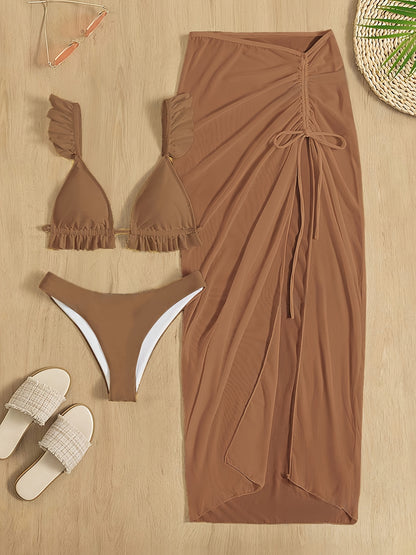 3 Piece Set Bikini, Plain Swimsuits, Ruched Tie Back Bra And Bottom, Cover Up Bow Skirt, Women's Swimwear & Clothing