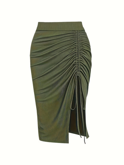 Solid Ruched Drawstring Split Skirt, Casual Bodycon Stretchy Skirt For Spring & Summer, Women's Clothing