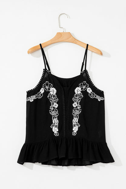 Black Floral Embroidery Ruffled Spaghetti Straps Tank Top
