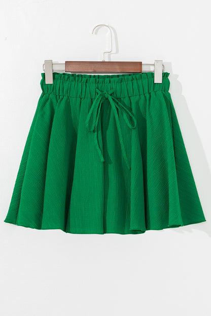 Dark Green Textured Frilled Lace-up Elastic Waistband Ruffle Wide Leg Shorts