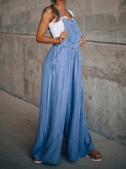 Loose Side Pocket Sleeveless Denim Jumpsuits, Casual Adjustable Shoulder Strap Denim Suspenders Trousers, Women's Denim Jeans & Clothing