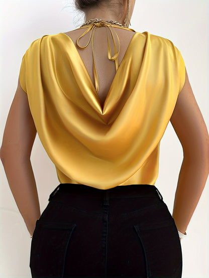 Solid Color Crew Neck Blouse, Elegant Short Sleeve Draped Tie Back Blouse For Spring & Summer, Women's Clothing