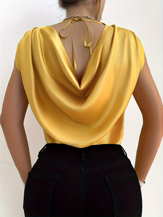 Solid Color Crew Neck Blouse, Elegant Short Sleeve Draped Tie Back Blouse For Spring & Summer, Women's Clothing