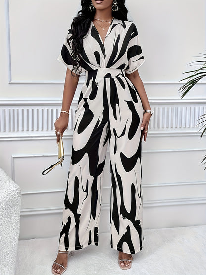 Chic V-Neck Jumpsuit - Allover Print, Short Sleeve, Wide-Leg Design for Sophisticated Casual Wear