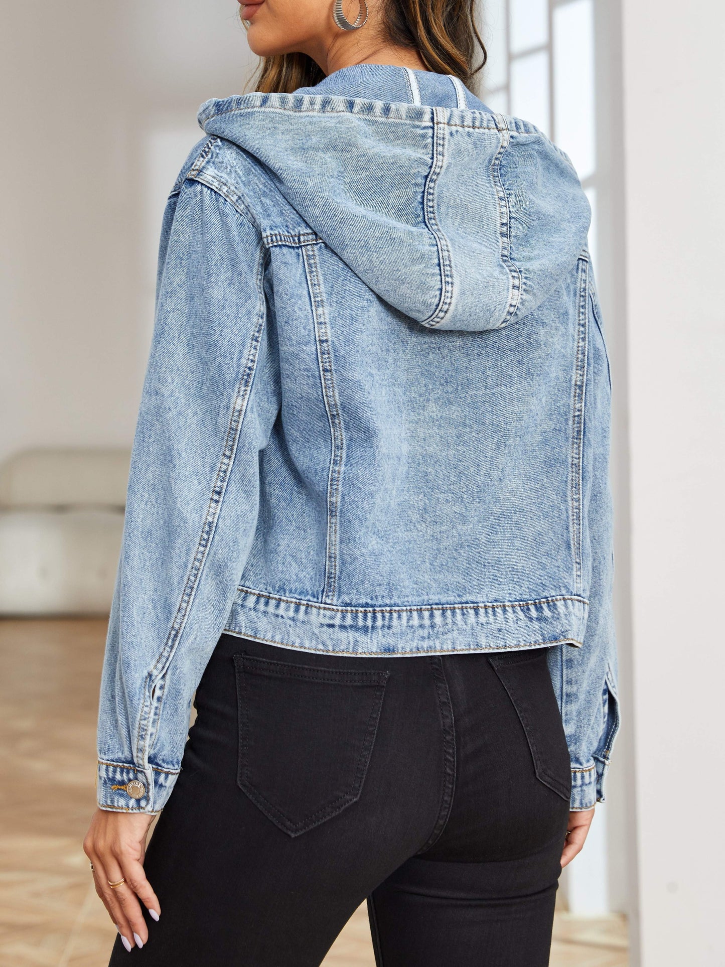 Women's Classic Denim Jacket - Drawstring Hooded, Plain Washed Blue, Long Sleeve, Casual Style, Relaxed Fit, Comfortable and Versatile Denim Jeans & Clothing