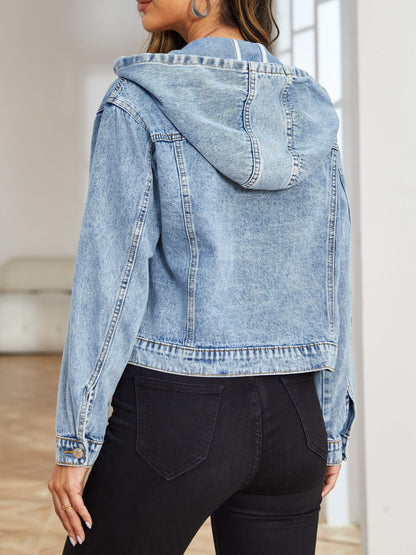 Women's Classic Denim Jacket - Drawstring Hooded, Plain Washed Blue, Long Sleeve, Casual Style, Relaxed Fit, Comfortable and Versatile Denim Jeans & Clothing