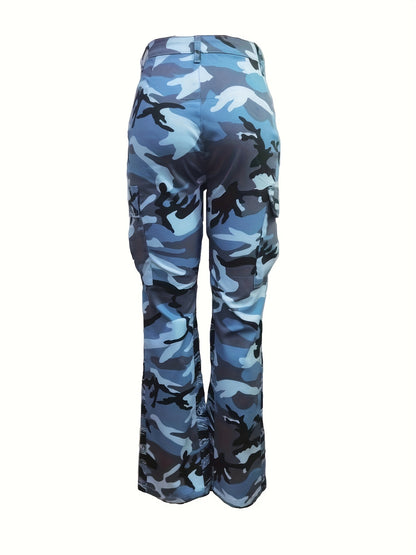 Fashionable High Waist Camouflage Cargo Jeans - Sleek Straight Fit with Medium Stretch & Stylish Flap Pockets - Trendy High Rise Denim Pants for Women