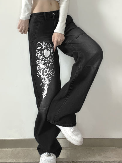 White Floral Print Thigh High Rise Loose Baggy Fit Straight Lets Plicated Hem Sectional Design High Waist Boyfriend Jeans, Women's Denim Jeans, Women's Clothing