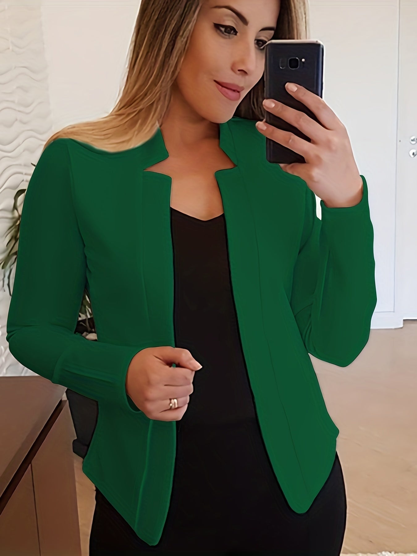 Solid Open Front Blazer, Casual Long Sleeve Blazer For Office & Work, Women's Clothing