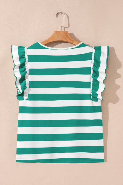 Green Stripe Flutter Sleeve Round Neck T Shirt