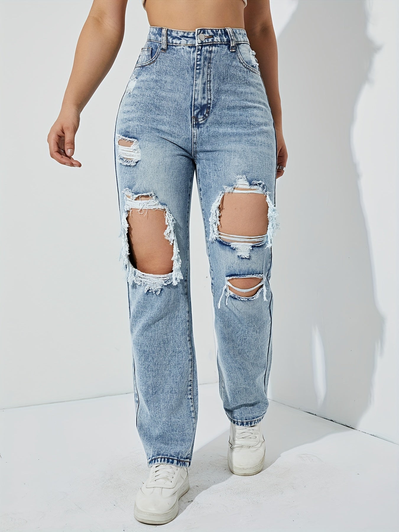 Blue Ripped Holes Straight Jeans, Distressed Slant Pockets Boyfriend Jeans, Women's Denim Jeans & Clothing