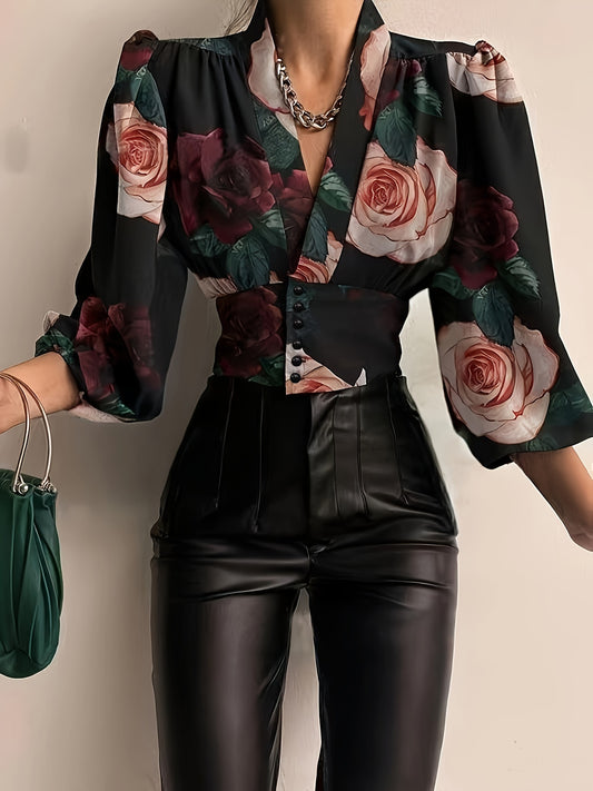 Floral Print Plunge Neck Blouse, Elegant Button Slim Waist Long Sleeve Crop Blouse, Women's Clothing