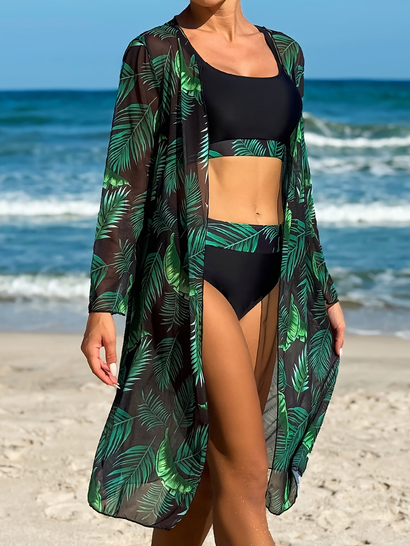 Tropical Leaf Print Stretchy 3 Piece Set Bikini With Long Sleeve Kimono, Scoop Neck Contrast Band Stylish Swimsuits, Women's Swimwear & Clothing For Holiday