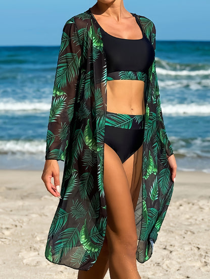 Tropical Leaf Print Stretchy 3 Piece Set Bikini With Long Sleeve Kimono, Scoop Neck Contrast Band Stylish Swimsuits, Women's Swimwear & Clothing For Holiday
