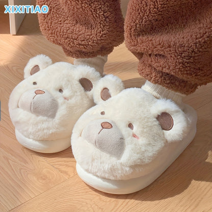 XIXITIAO Winter Plush Bear Slippers for Women & Men - Cozy Cover Slip-On Indoor House Shoes with Cute Cartoon Design, Non-Slip EVA Sole, Warm Home Slippers for Cold Floors, Cold Weather Footwear, Playful Footwear, Soft Lining