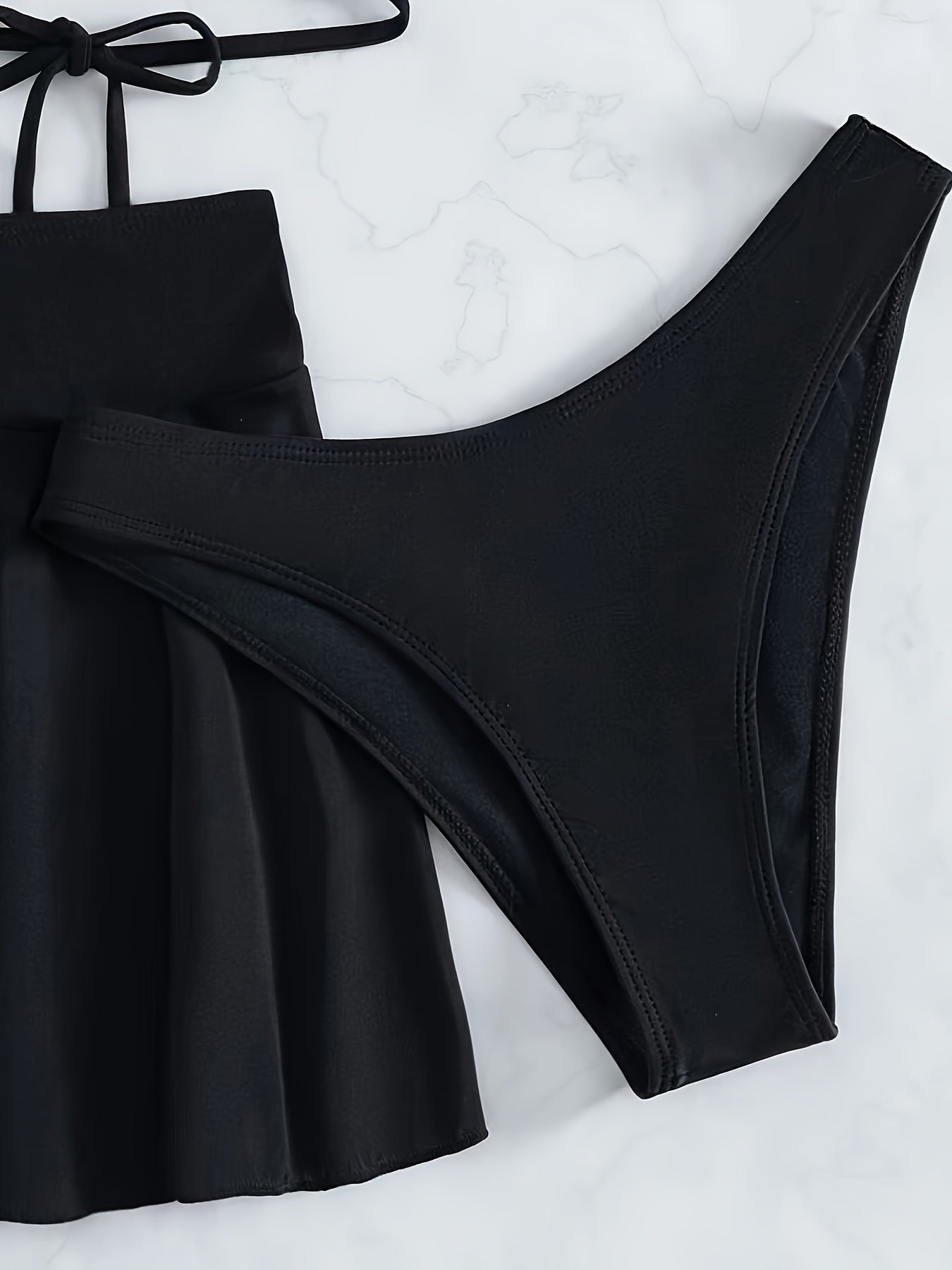 Elegant Solid-Color 3-Piece Swimwear: Cross-Strap Bikini & Pleated Skirt Cover-Up - Comfortable, Stretchy, and Durable