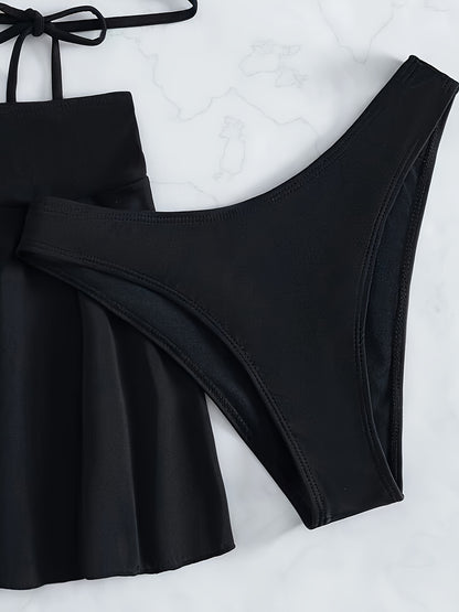 Elegant Solid-Color 3-Piece Swimwear: Cross-Strap Bikini & Pleated Skirt Cover-Up - Comfortable, Stretchy, and Durable