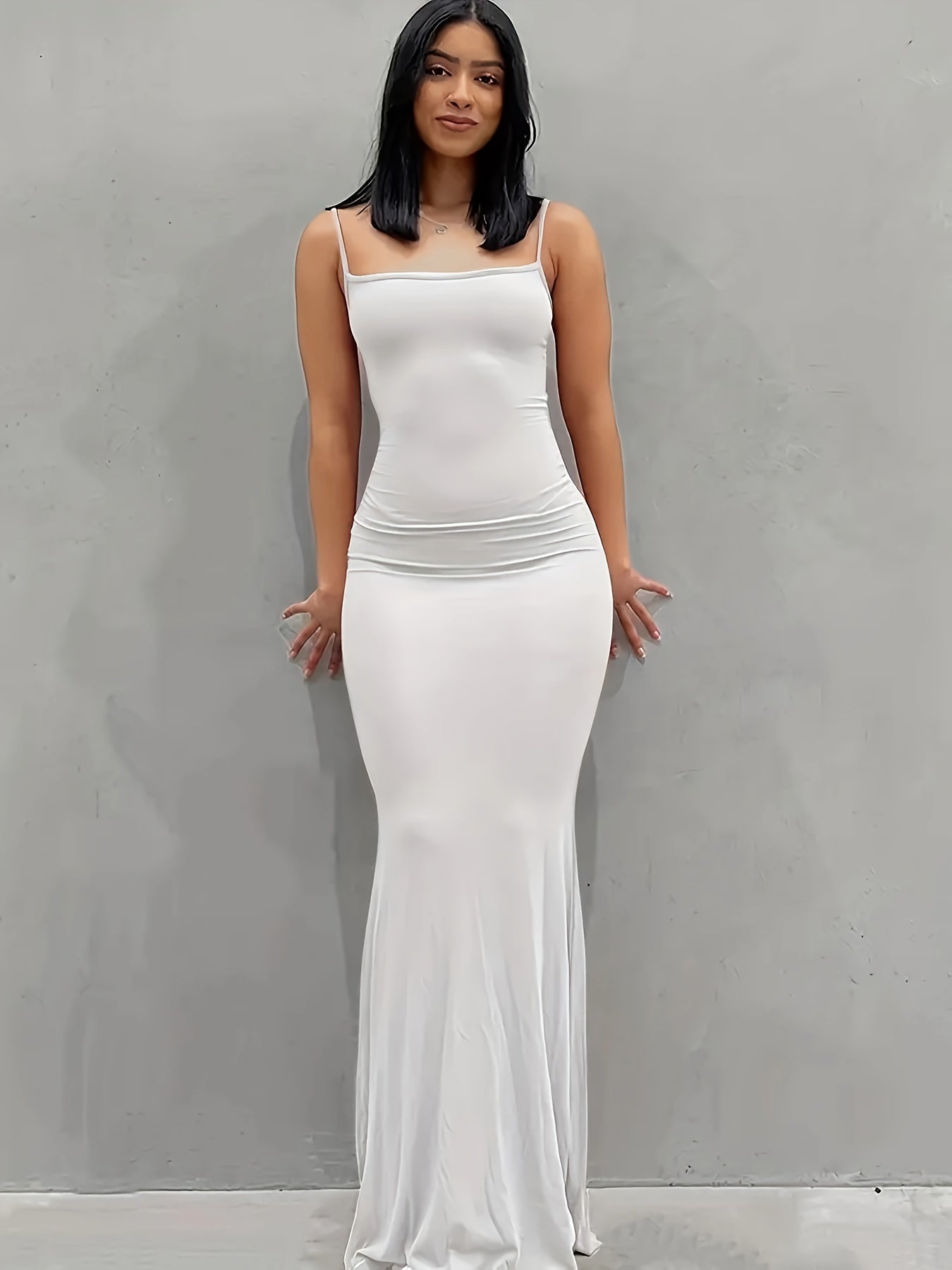 Elegant Solid Slip Lounge Dresses, Scoop Neck Bodycon Maxi Mermaid Dress, Women's Loungewear & Dresses