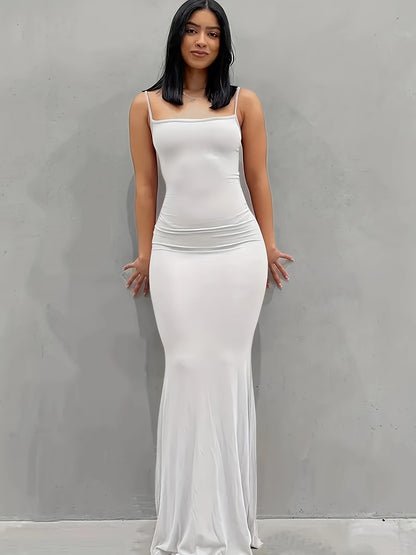 Elegant Solid Slip Lounge Dresses, Scoop Neck Bodycon Maxi Mermaid Dress, Women's Loungewear & Dresses