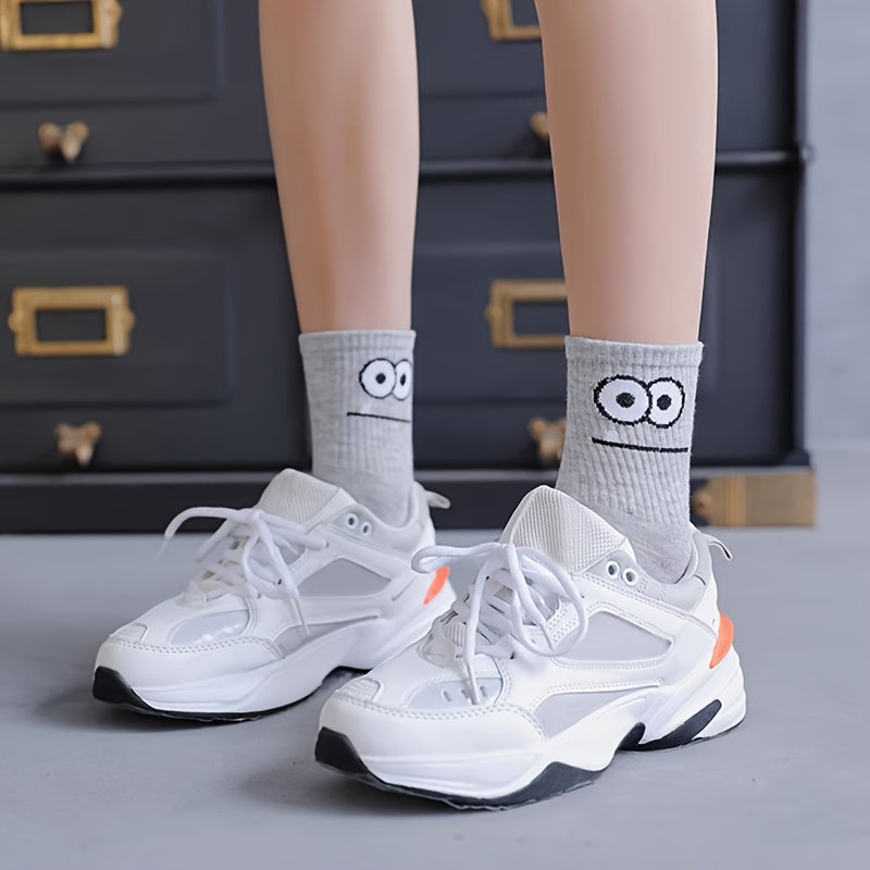 5 Pairs Funny Face Print Socks - Ultra-Soft and Breathable, Relaxed Fit, Mid-Calf Length - Designed for Women, Perfect for Stockings and Hosiery Lovers