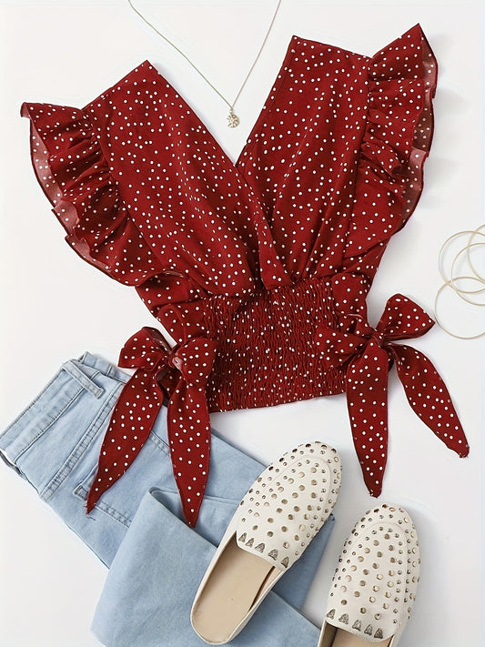 Vibrant Allover Print Blouse with Chic Bow Accent - Flattering Surplice Neck & Ruffled Waist - Womens Casual Fashion