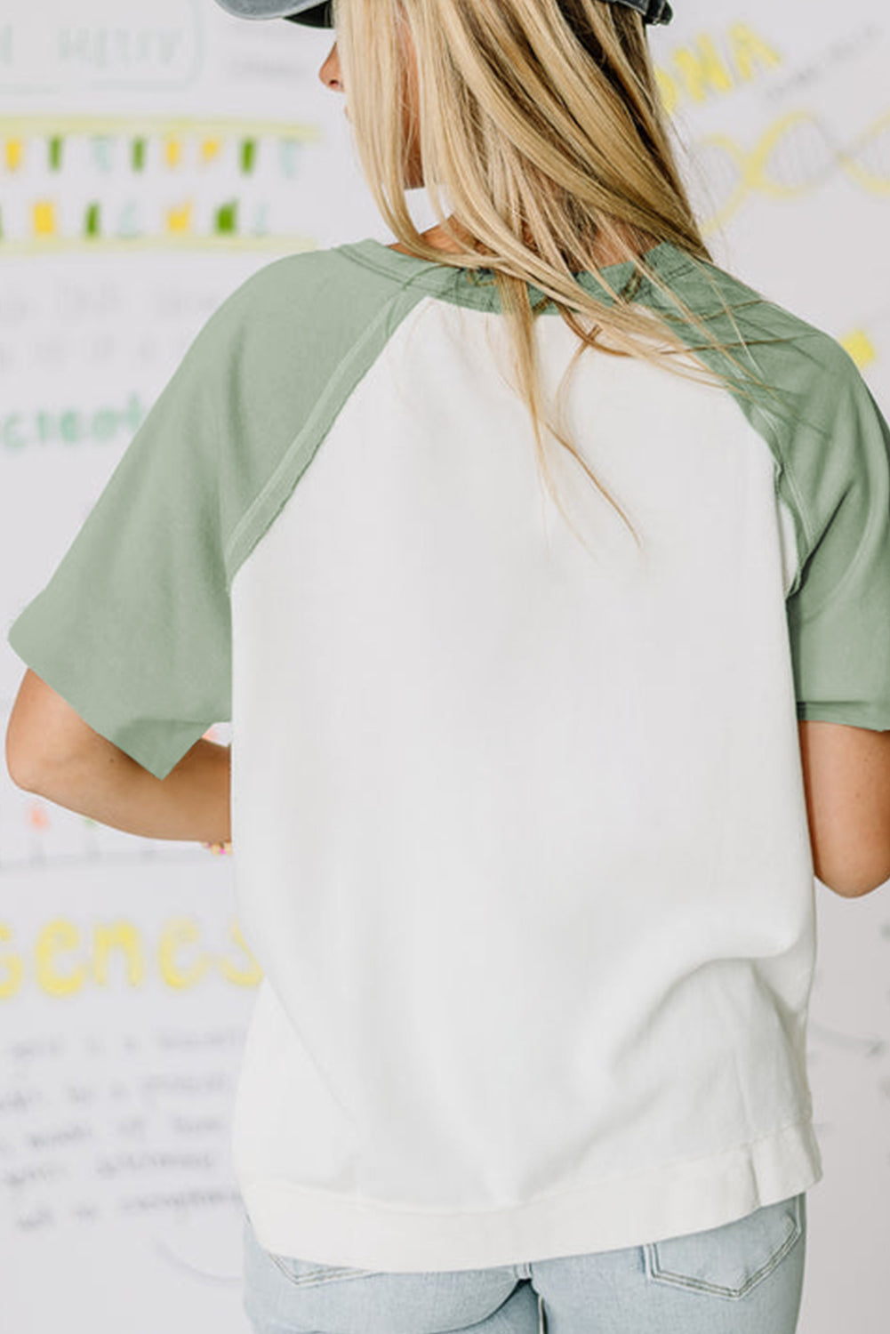 Clearly Aqua Colorblock Raglan Short Sleeve Half Buttons High Low T Shirt