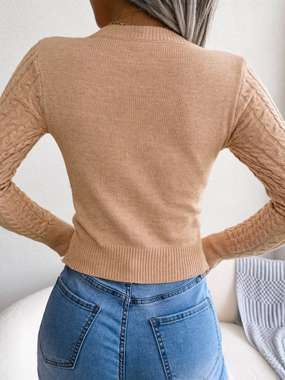 Women'S Sexy Hollow-Out Knit Pullover Sweater, Long Sleeve Crew Neck, Skinny Fit, Acrylic Blend (Polyester 28%, Polyamide 22%, Viscose 28%), High Stretch Fabric, Solid Color, Spring/Fall Fashion Top