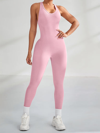 Women's High-Waisted Stretchy Yoga Jumpsuit - Smooth Knit Fabric, Solid Color, Long Sleeve, Round Neck, Machine Washable, Perfect for Sports & Fitness