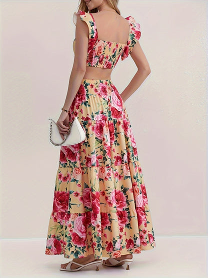 Vacation Style Floral Print Two-piece Set, Ruffle Trim Crop Top & High Waist Swing Skirt Outfits, Women's Clothing