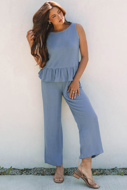 Beau Blue Solid Color Ribbed Ruffle Tank Top and Pants Set