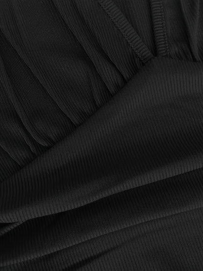 Women's Sleeveless Deep V-Neck Ruched Wide-Leg Jumpsuit - Olive Green Textured Stretch Fabric, Machine Washable Elegant Spring/Summer Casual & Formal Outfit, Ladies Rompers And Jumpsuits, Versatile Clothing, Flowing Silhouett