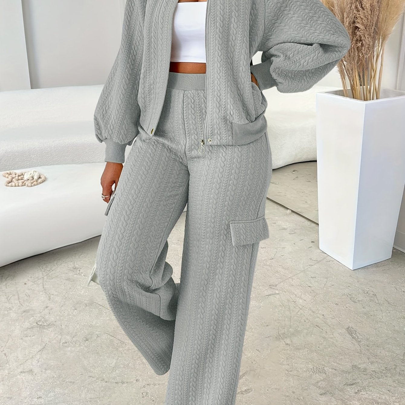 Women'S Casual Chic Two-Piece Set, Solid Color Long Sleeve Zippered Jacket and Straight-Leg Pants, Polyester 95% Elastane 5% Knit Fabric, Crew Neck, Fall/Winter Collection