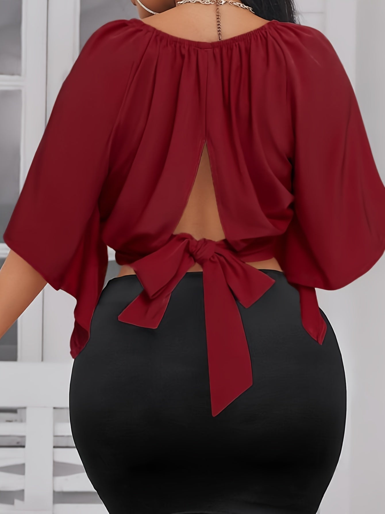 Solid Color Crew Neck Blouse, Elegant Short Sleeve Bow Back Split Blouse For Spring & Summer, Women's Clothing