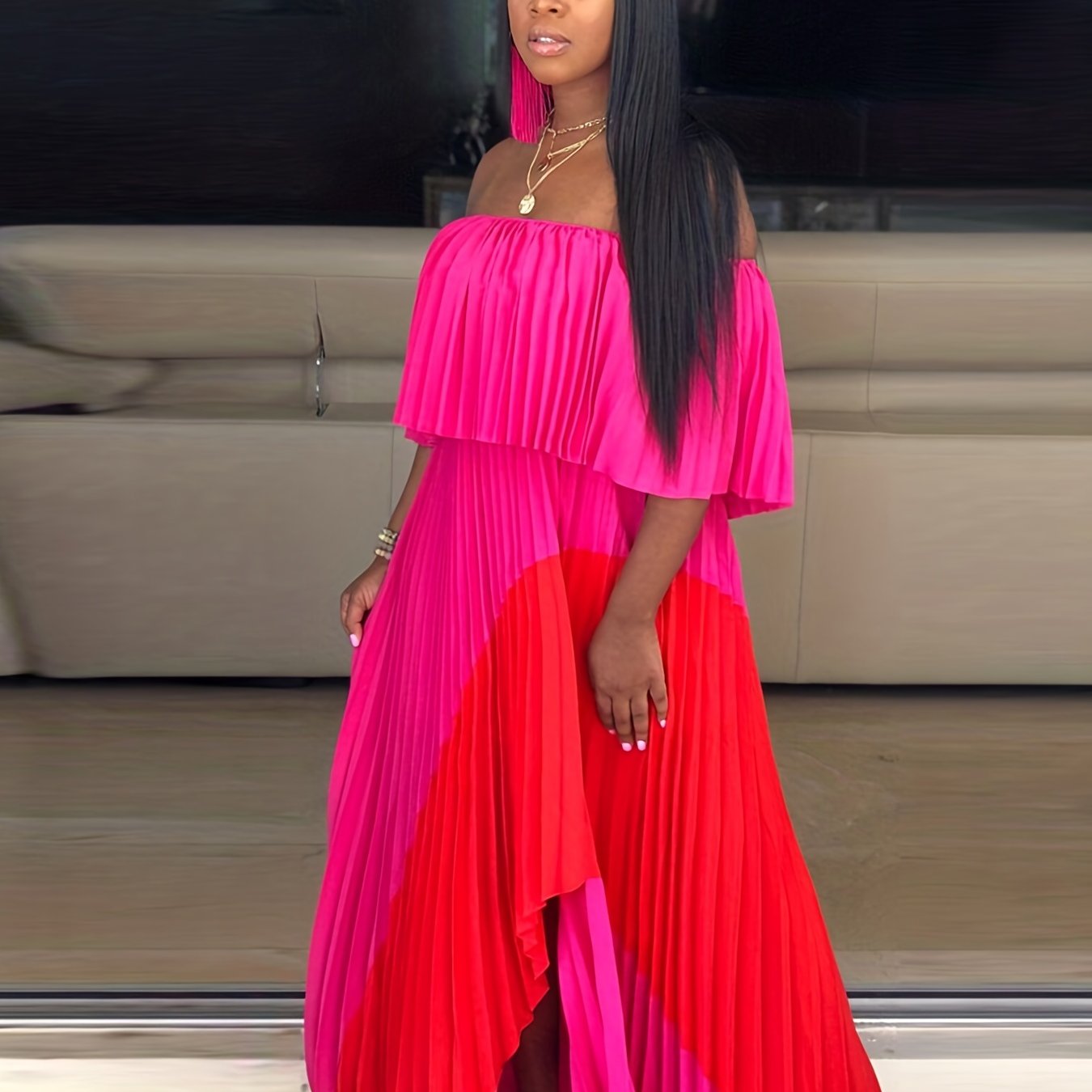 Flattering Pleated Off Shoulder Maxi Dress - Alluring Asymmetrical Hem for Glamorous Parties - Fashion-Forward Womens Formal Wear