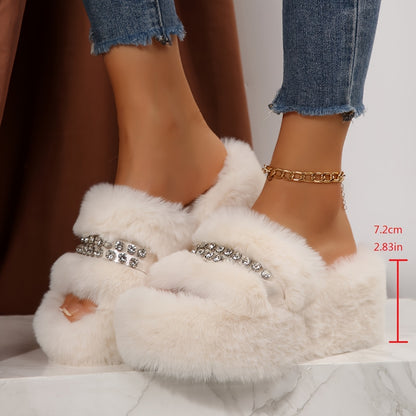 [Sparkling Rhinestone Slippers] Plush Faux Fur Sparkling Rhinestone-Decorated Slippers | Women's Slip-On with Thick Cushioned Rubber Sole & Sloped Heel | All-Season Indoor House Shoes for Warmth & Comfort (Black/Grey/White)