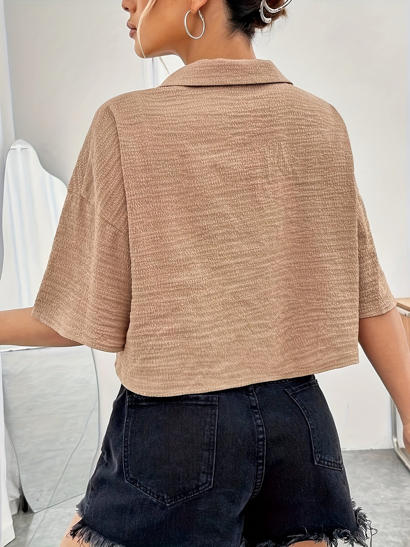 Button Front Crop Blouse, Casual Short Sleeve Blouse For Spring & Summer, Women's Clothing