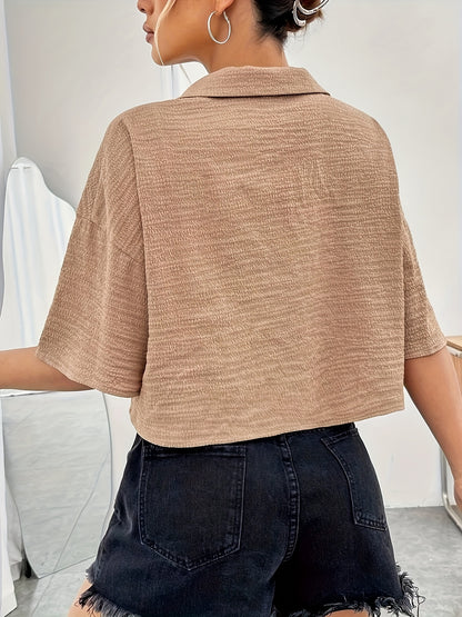 Button Front Crop Blouse, Casual Short Sleeve Blouse For Spring & Summer, Women's Clothing