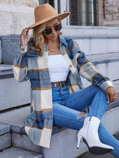 1pc Women'S Casual Plaid Lapel Long Sleeve Jacket - Polyester Woven Shirt-Style Outerwear with Button Details for All Seasons