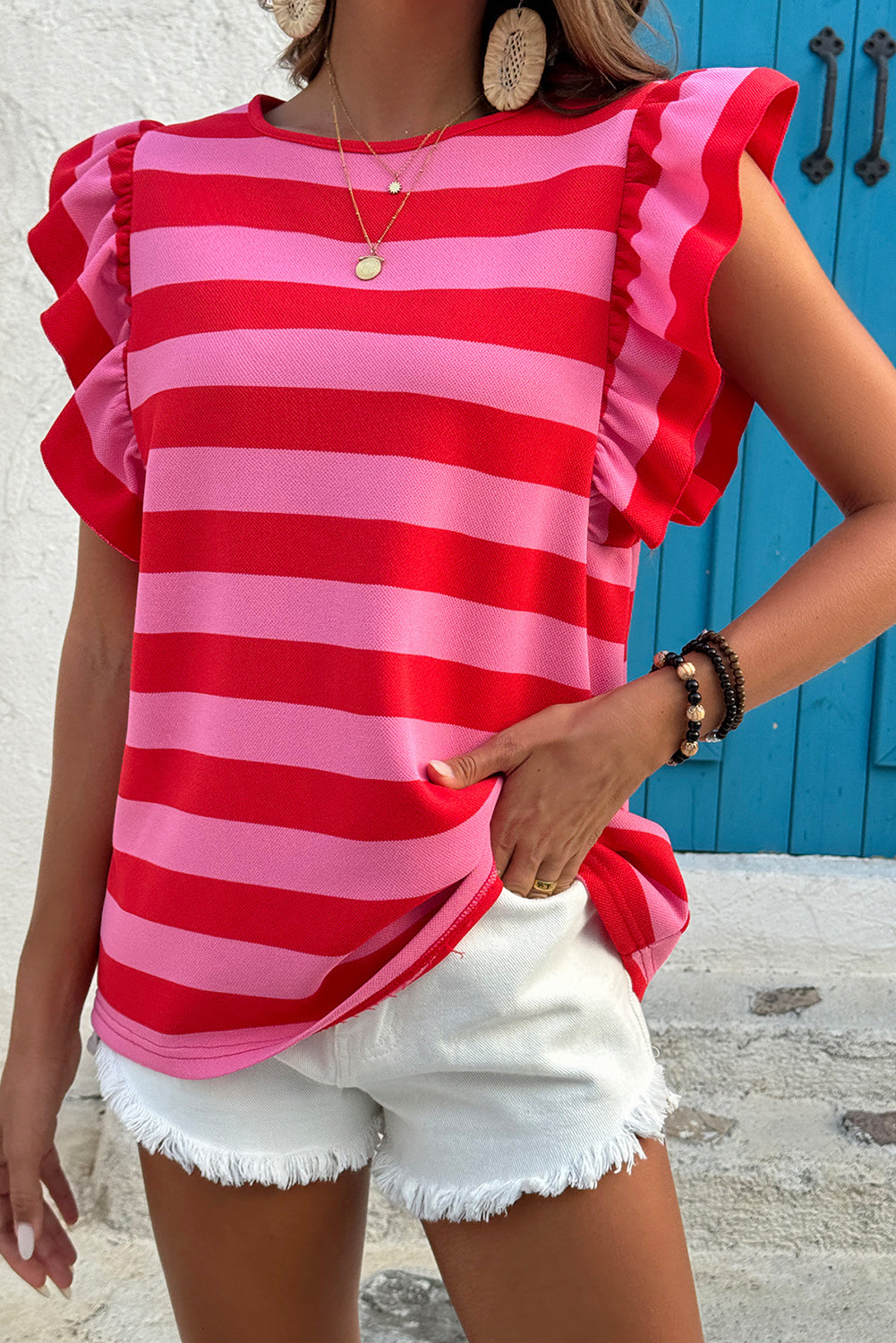 Red Stripe Flutter Sleeve Round Neck T Shirt